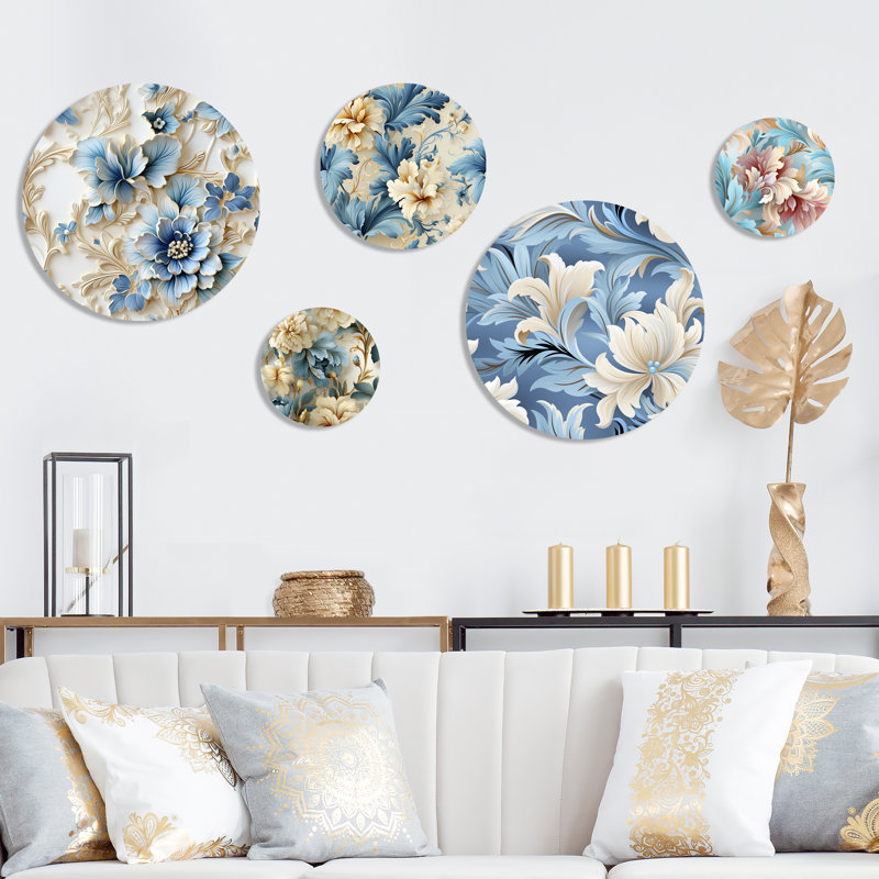 «Felicien Damask Facade Splendor», ensemble d'art mural floral rond de 5