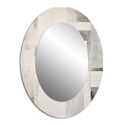 Grey White Platinum Parallels I - Modern Oval Wall Mirror