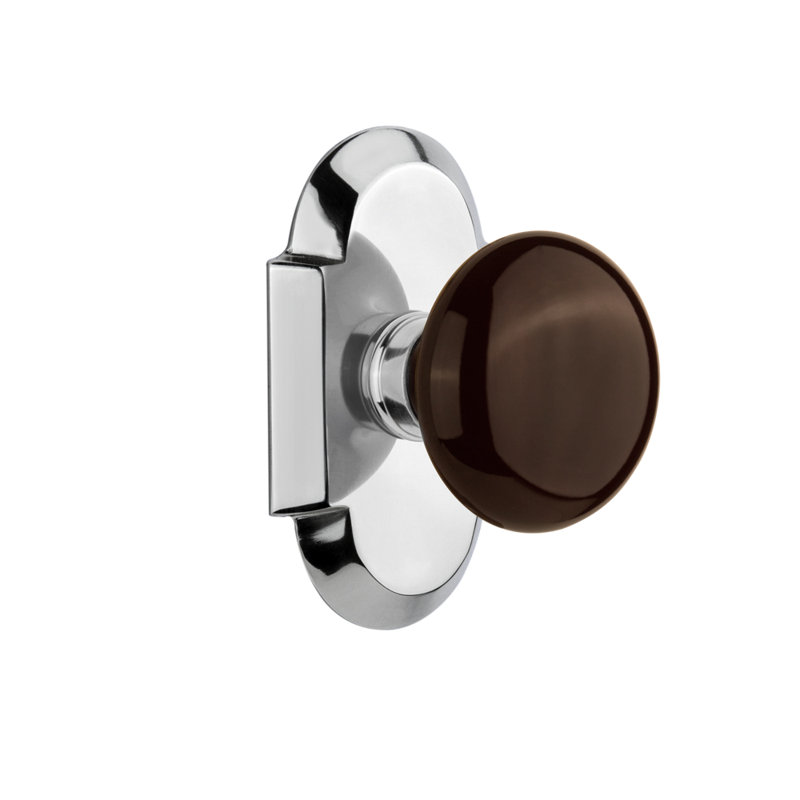 Cottage Plate with Brown Porcelain Door Knob, Bright Chrome, 2-3/8"