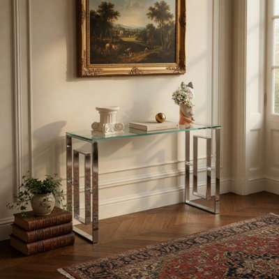 Console Table Stainless Steel Glass,Meal Side Table Silvery Clear Bs-02 S