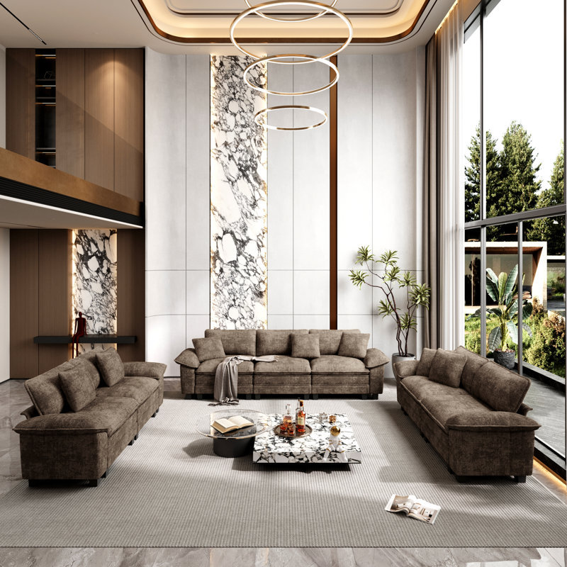 Ensemble de canapé modulaire rembourré 3 pièces, ensemble de canapé surdimensionné avec canapé et causeuse, Chenille brun