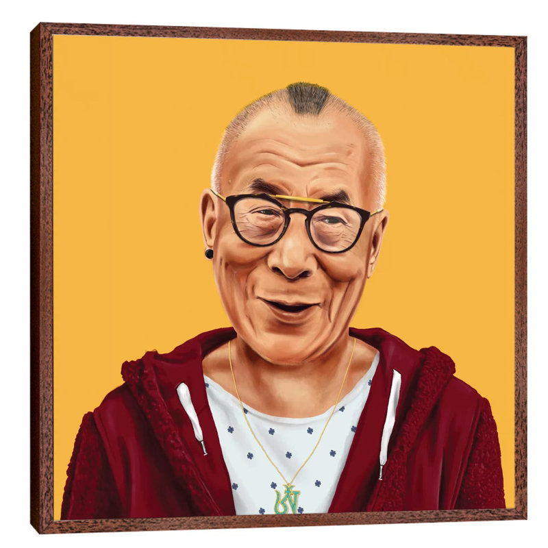 Dalai Lama by Amit Shimoni - Floater Frame Print on Canvas, Brown Framed, 93.98 cm H x 93.98 cm W