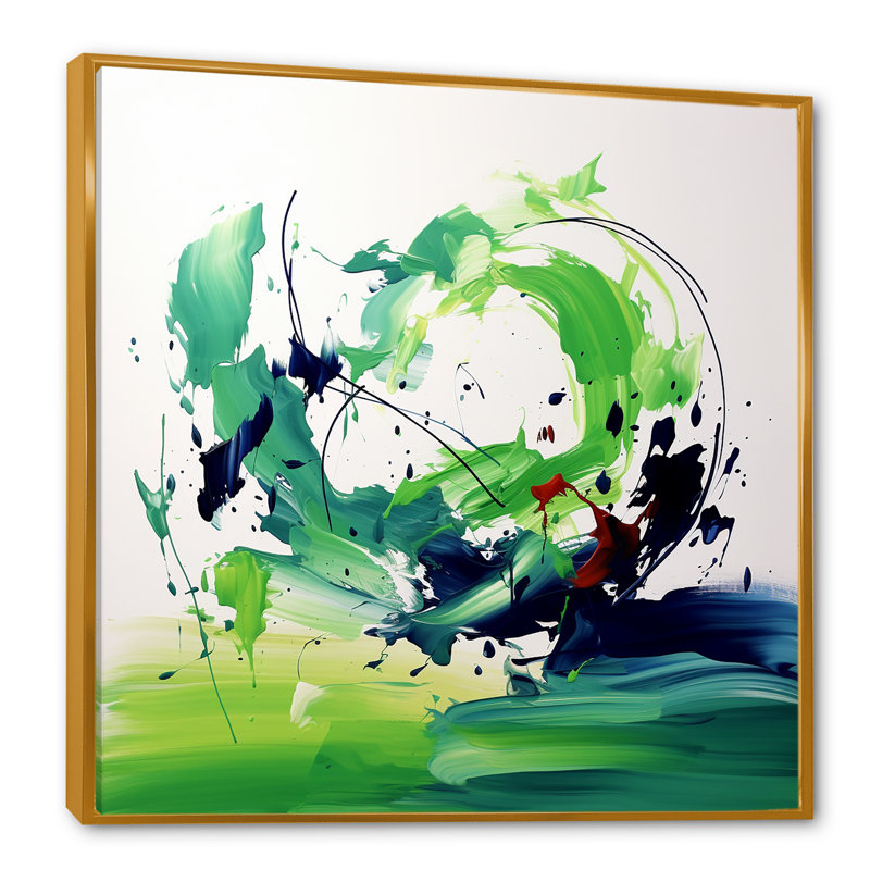 «Green and White Abstract Ink Expression II», art mural abstrait, H 16 po x l 16 po x P 1 po, Cadre flottant doré