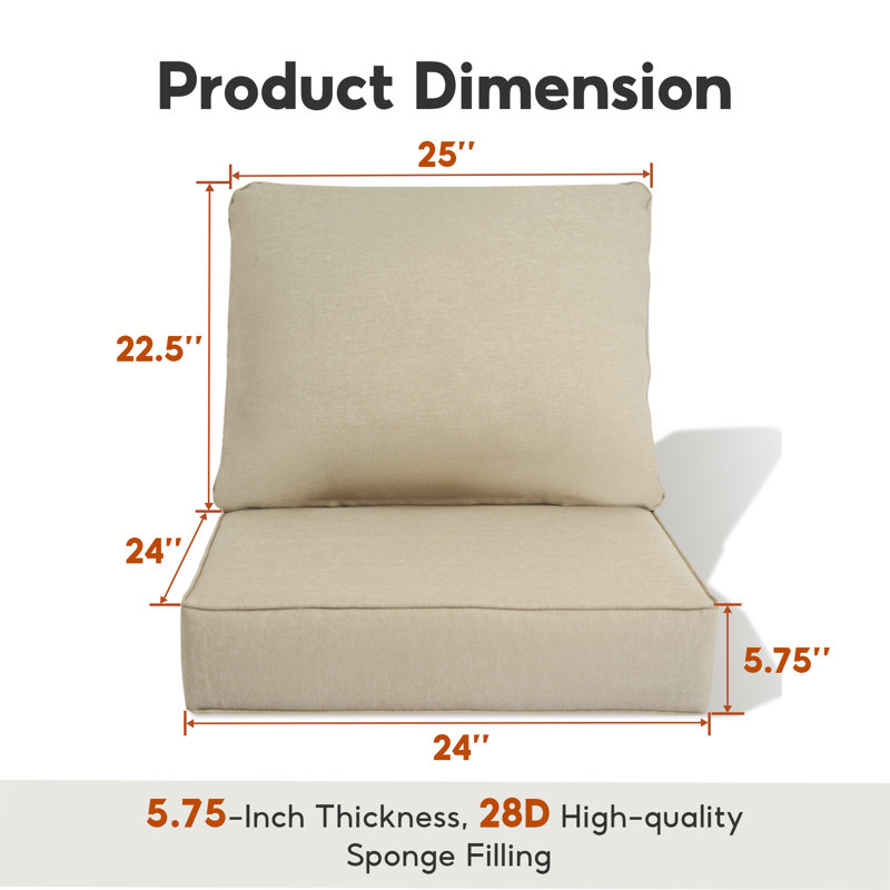 5.75" H Water-Resistant Outdoor Deep Seat Cushion Set with Removable Covers , Beige