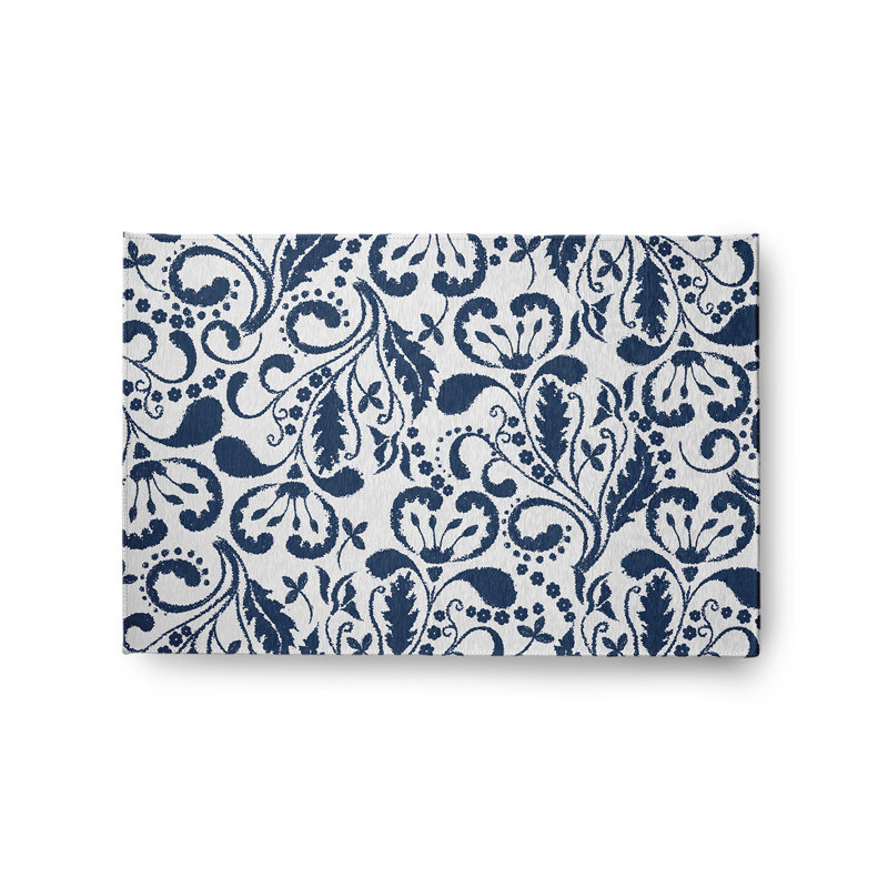 Tapis ivoire / bleu en chenille tissé à la machine Barrada, Rectangle 2 pi x 3 pi