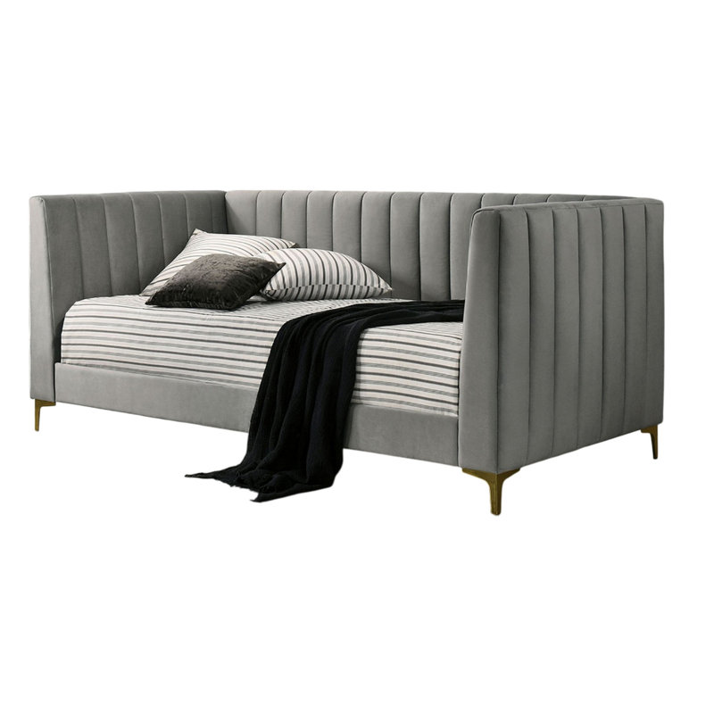 Iina Twin Daybed With Tuxedo Details, Gray Channel Tufted Flannelette