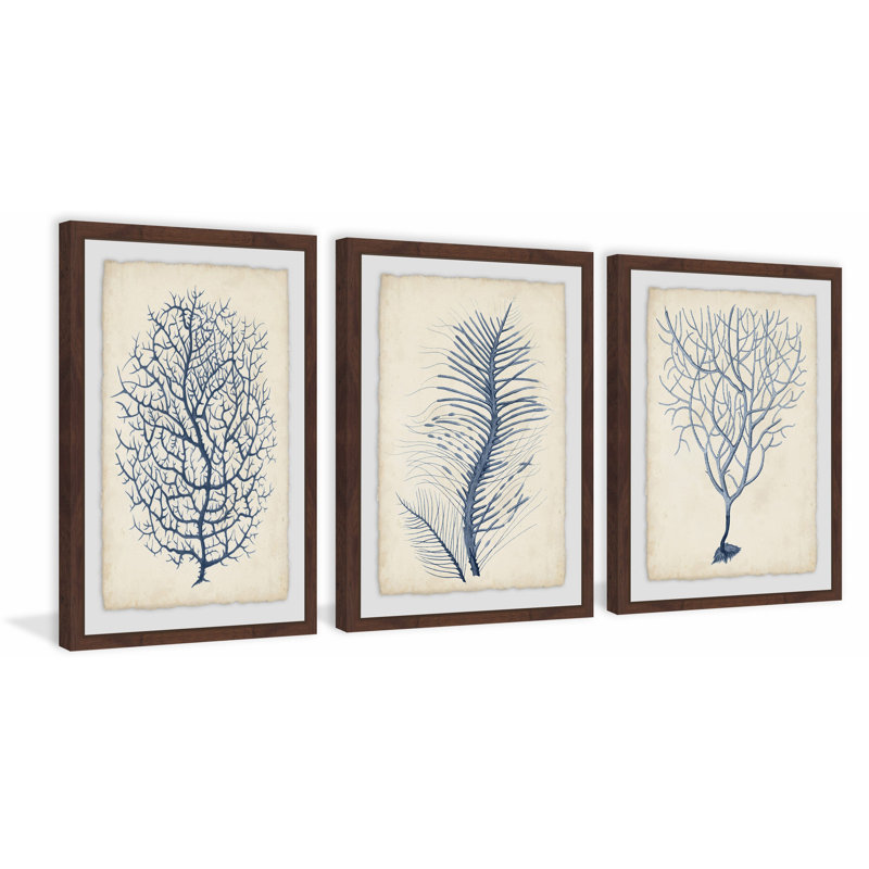 « corail vii », ensemble de 3 reproductions de peintures à l’aquarelle encadrées sur papier, H 18 po x l 12 po x L 1,5 po