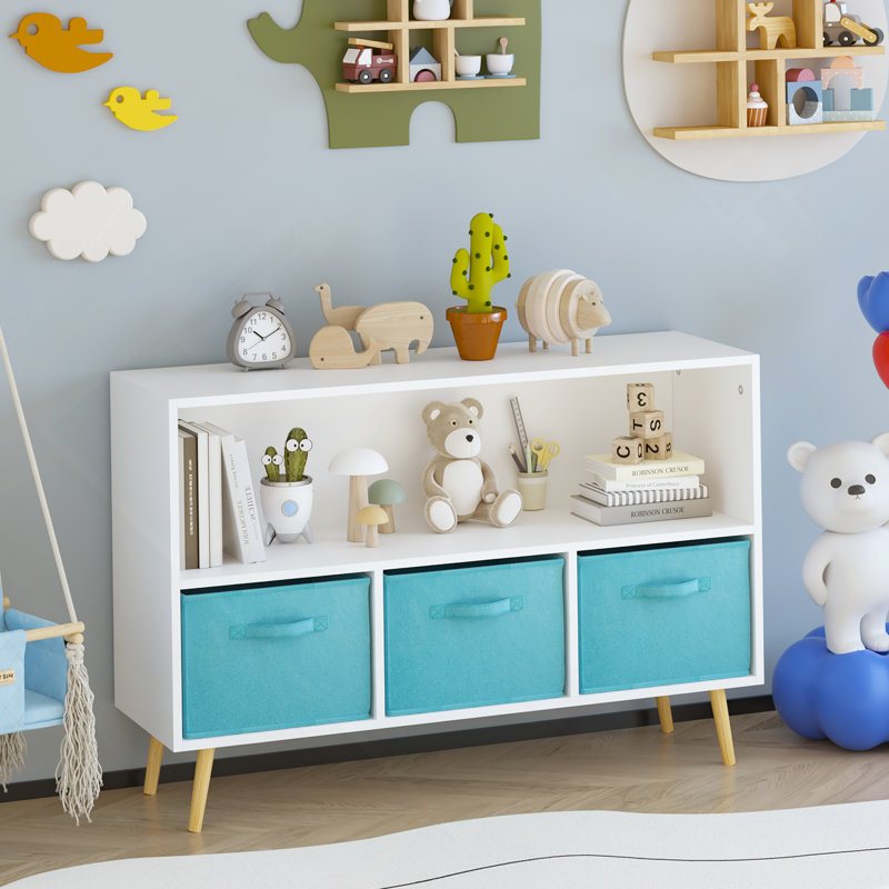 Bibliothèque pour enfants avec tiroirs en tissu pliables, présentoir à livres pour enfants, armoire de rangement pour jouets, blanc / bleu