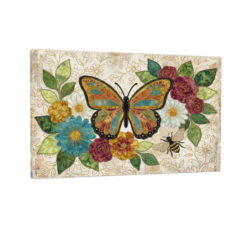 Animals Butterfly Flowers Bee Leaves Pattern Artwork Canvas Print
