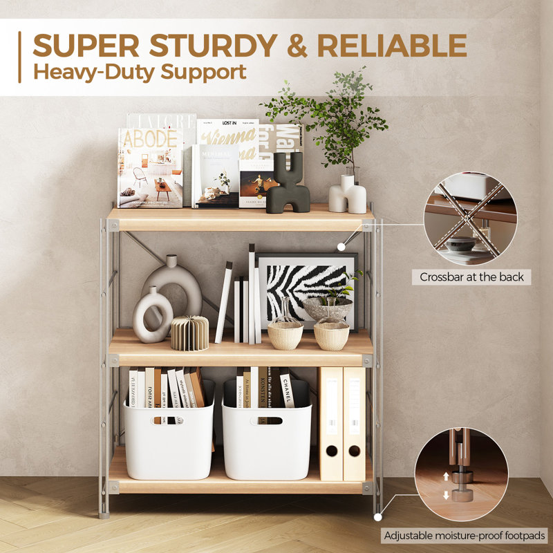 Industrial Style Wooden Bookcase With Fixed Shelves, (3 Shelves) 35"H x 24"W x 12"D, Natural/Silver