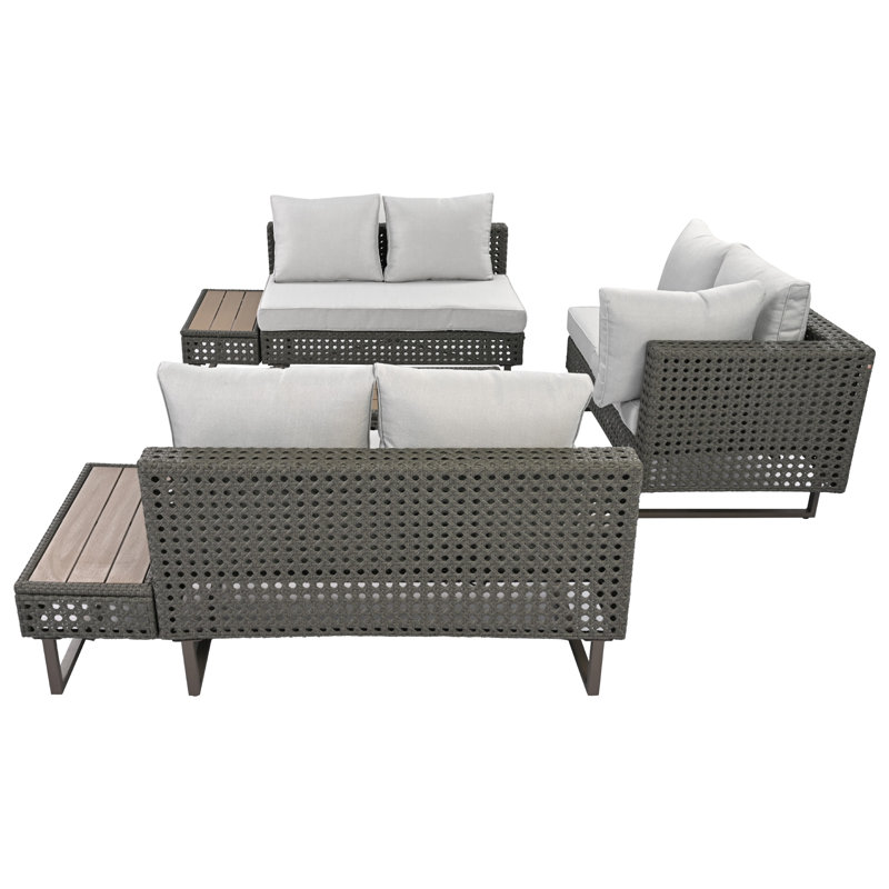6-Person Outdoor Patio Wicker Modular Seating Set With Cushions And Pillows With Expandable Ice Bucket Coffee Table And Side Table