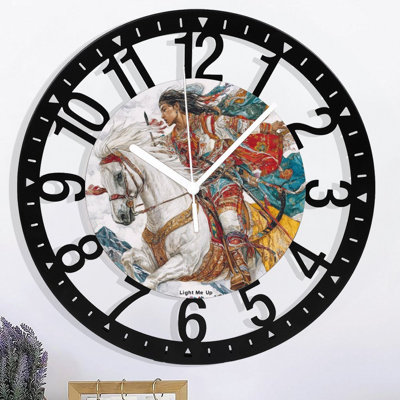 Horloge murale en métal pour le salon - Guerrier éclair de 10 po à cheval blanc, silencieux, sans pile, à piles, horloges antiques pour maison de campagne, chambre à coucher, cuisine - chiffres arabes
