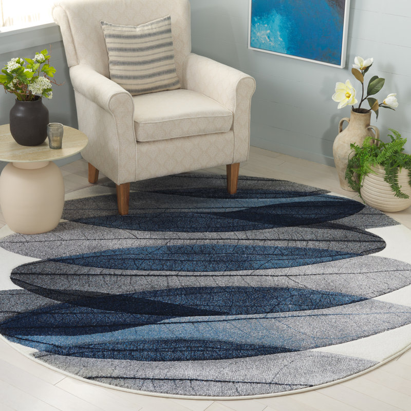 Jeromie Performance Floral Rug, Round 6'7", Blue/Black/Ivory