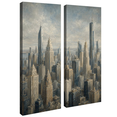 Vintage Neutral City Skyline Urban Decor – Set of 2 Wall Art Print on Canvas 32"x12"x2