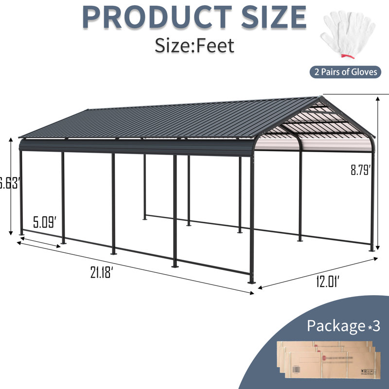 Abri d'auto 12 x 21 pi avec - et couvercle en métal imperméable, toit à rayures verticales pour une pluie de neige facile, pi.