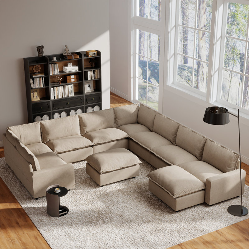 10-Piece Upholstered Modular Linen Fabric Sectional With Ottoman, Khaki Linen