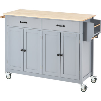 Blue Kitchen Island Cart With Solid Wood Worksurface And Towel Holder, 4 Door Cabinet, 2 Drawers, Spice Rack, Locking Wheels Worktop, &