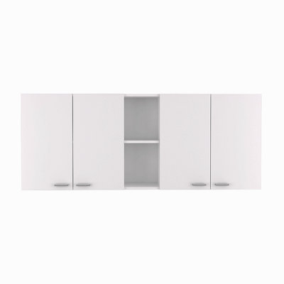 Armoire murale H 24 po, quatre portes, deux tablettes de rangement ouvertes, deux tablettes internes, porte-assiettes et rangement en verre