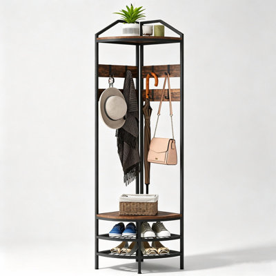 Porte-manteau d'angle industriel à 4 niveaux, autoportant, avec rangement pour chaussures, 8 crochets amovibles et 2 étagères, structure en acier, brun rustique