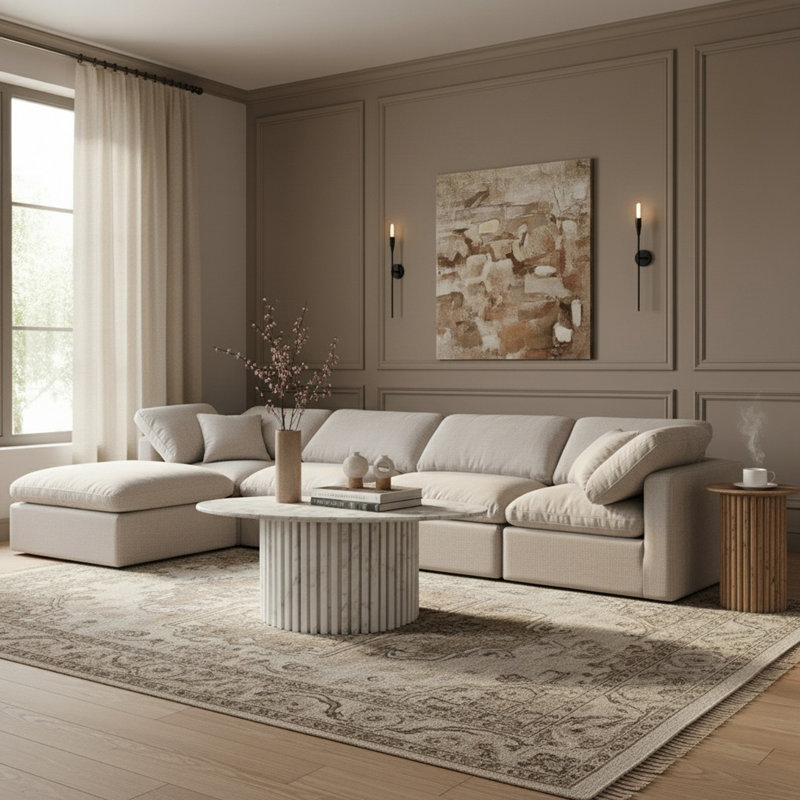 Canapé modulaire en coin 5 pièces Hinami, Tissu crème texturé en lin