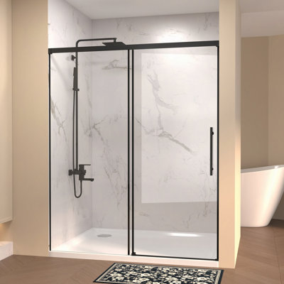 60" W × 72" H Single Sliding Shower Door,5Mm Fixed Glass And 6Mm Sliding Glass Frameless, Clear Tempered Glass, Stainless Steel Handle