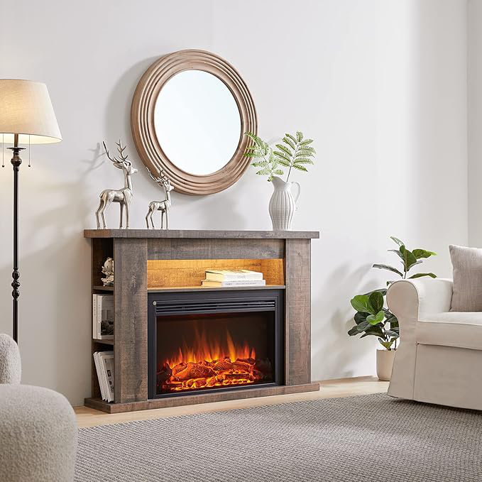 FLAMME Lipson Freestanding Fireplace, Shalving Units, Multiple Colours Available, Mood Lighting, Remote, Rustic Dark Oak