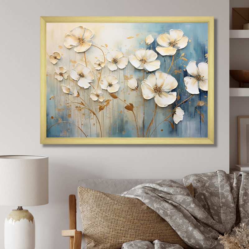 «Elegant Beige Buttercups Meadow» - impressions sur toile Buttercups, Encadrement doré, H 16 po x l 32 po x P 1 po