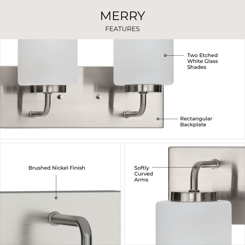 Merry Brushed Nickel 2-Light Vanity Light with Etched Glass Shades, Brushed Nickel