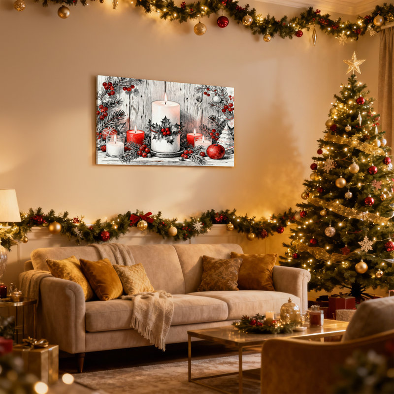 Bougies de Noël de Noël, ensemble de 3 impressions sur toile, branches de pin et baies de houx, H 16 po x l 24 po