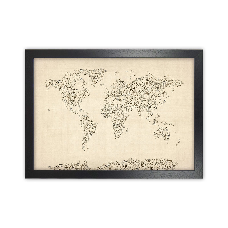 Music Notes Map Of The World by Michael Tompsett - Print, Black Framed, 46cm H x 63cm W x 3cm D