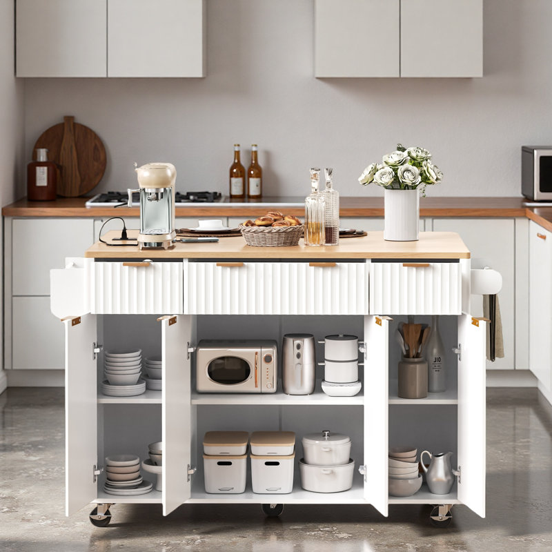 Rolling Fluted Kitchen Island With Drop Leaf, Power Outlet, 4 Doors, 3 Drawers, Curved Edge And Spice Rack