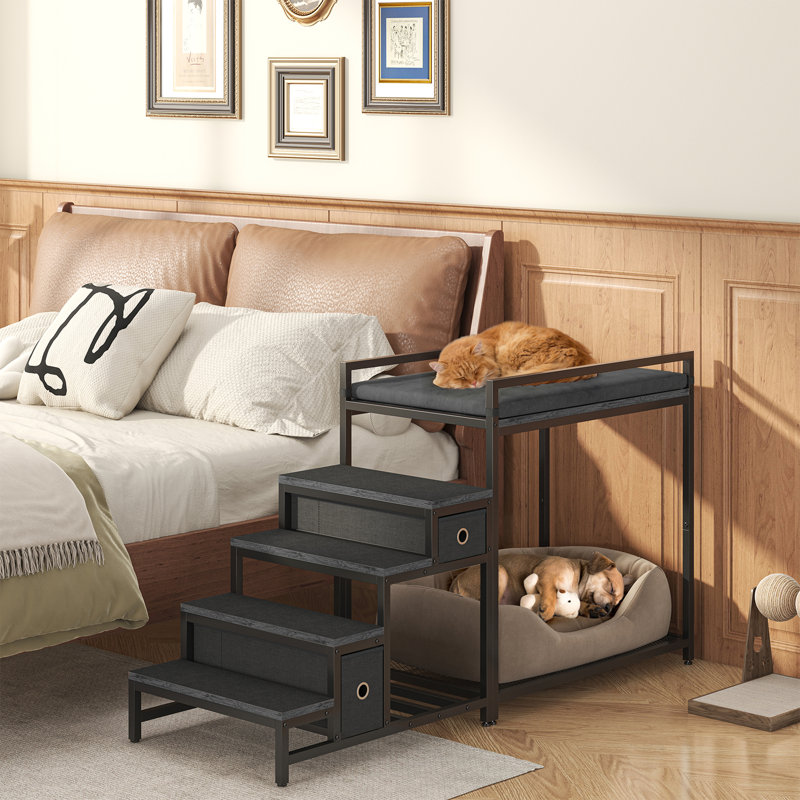 Lit superposé pour animaux de compagnie avec escalier et rangement, perchoir de fenêtre pour chien / chat, lit surélevé pour lit de chien avec plateforme à plusieurs niveaux et revêtement en mousse