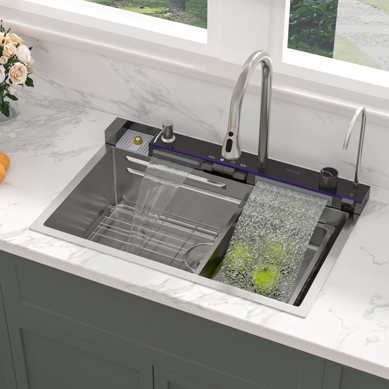30 in. Drop-In Waterfall Kitchen Sink Stainless Steel Single Bowl Ledge Workstation Sink, Silver
