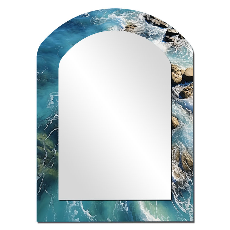 Vue aérienne de l'île tropicale V - miroir mural décoratif asymétrique de plage, grand miroir à arche bleue, impression d'art en métal
