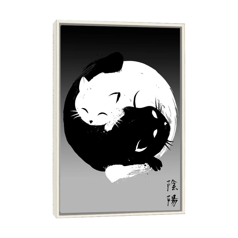 Yin Yang Cats, Distressed White Floater Framed Canvas, No Mat, 26" H x 18" W x 1.5" D