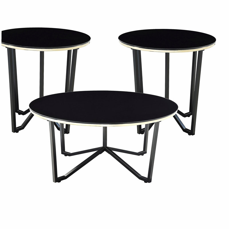 Ensemble de table basse ronde et tables de bout 3 pièces, ensemble de salon moderne avec cadre en verre trempé noir