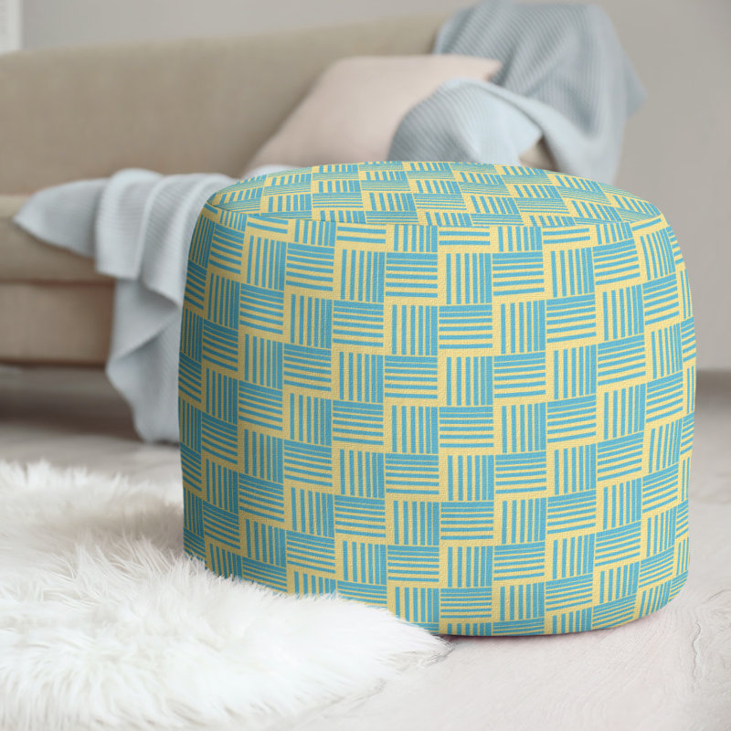 Upholstered Pouf, Yellow/Teal