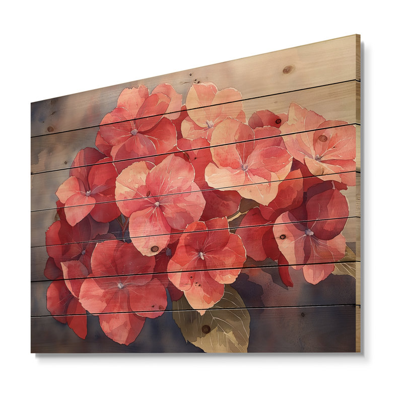 Hortensias rouges dans la brise du soir II - décoration murale en bois d'hortensias - sur bois de pin naturel
