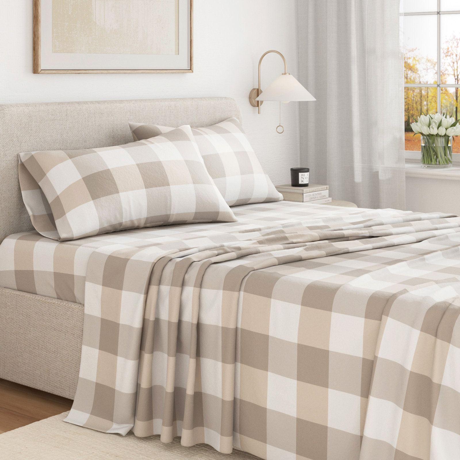Raye Cotton Flannel Sheet Set, California King with 2 Pillowcases, Buffalo Check - Soft Taupe / Pale Gray