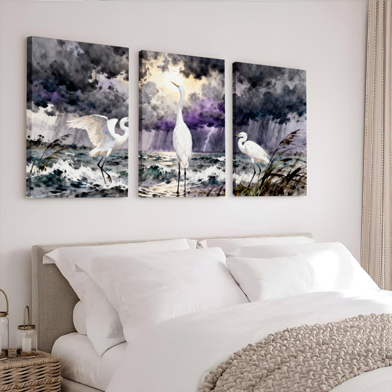 Ensemble de 3 tableaux sur toile tendue « Hérons dans un ciel orageux »., H 30 po x l 60 po