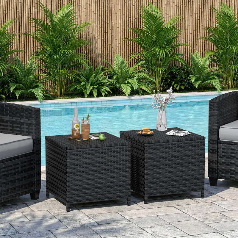  Alexandia Outdoor Square Rattan Wicker Side Table With Storage, Black