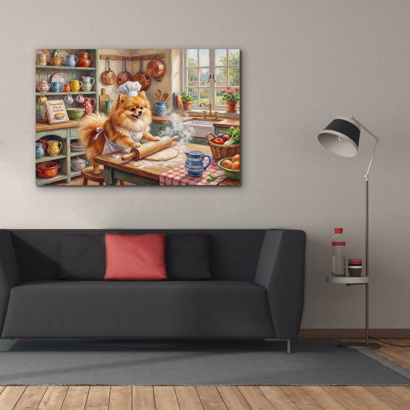  «Pomeranian In The Kitchen» par Rich Monet, art mural sur toile, 60 po x 40 po
