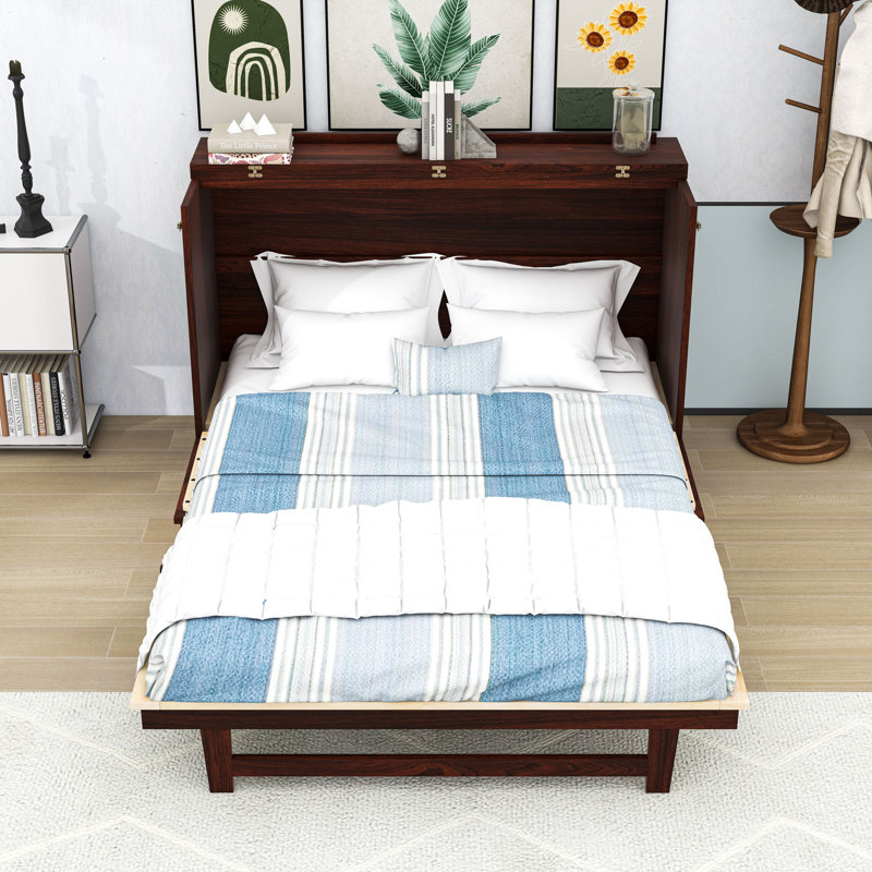 Grand lit escamotable 1 tiroir avec accents en rotin, conception pliable peu encombrante, Noyer