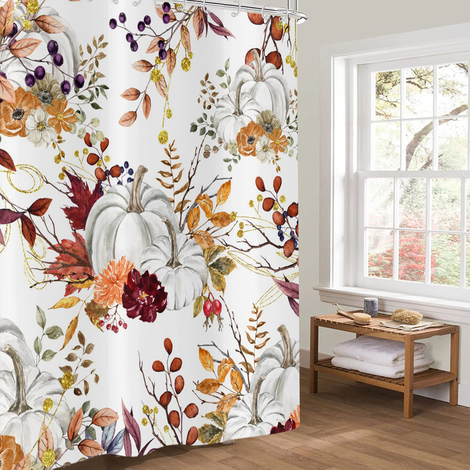 The Holiday Aisle® Autumn Pumpkin Shower Curtain, Fall Thanksgiving Harvest | Wayfair