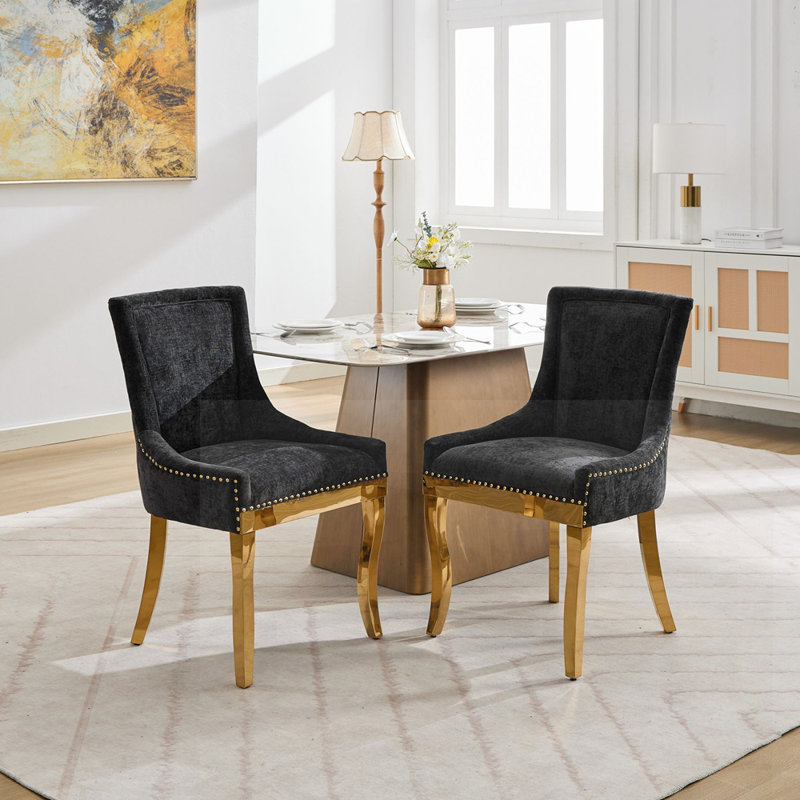 Chaises de salle à manger en chenille, style moderne avec pieds incurvés et garniture de rivets, confort rembourré pour la salle à manger / salon, sièges d'appoint avec tissu texturé et structure monobloc