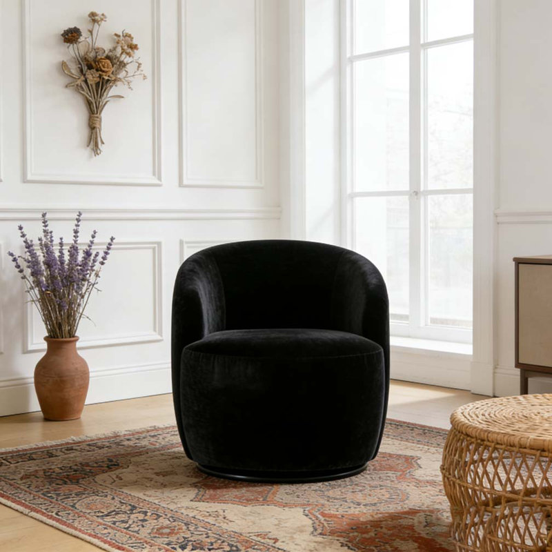 Chenille Fabric Swivel Accent Armchair Barrel Chair, Black