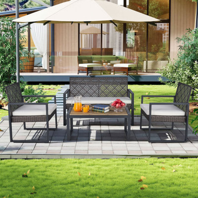 4-Piece Acacia Wood & Rattan Patio Set