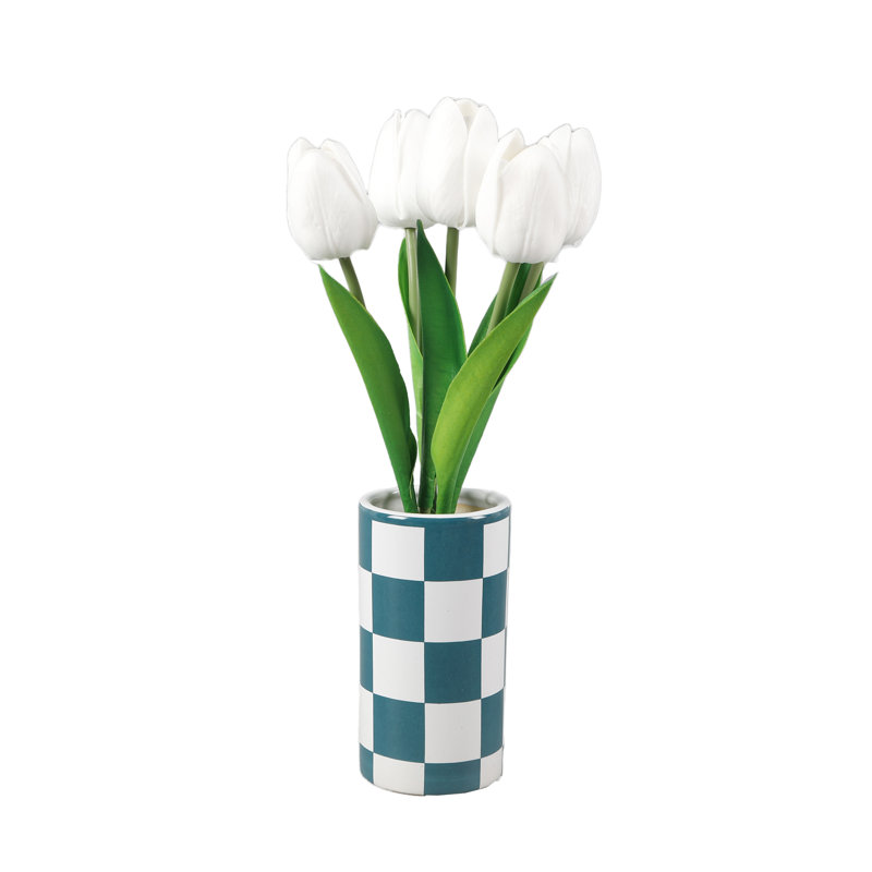 Arrangement de tulipes dans un vase, Blanc, Bleu sarcelle