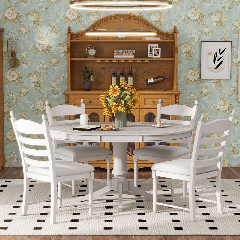 Oakham Farmhouse Retro Dining Set with Adjustable Length and Solid Rubber Wood, Antique White/Antique White, Antique White