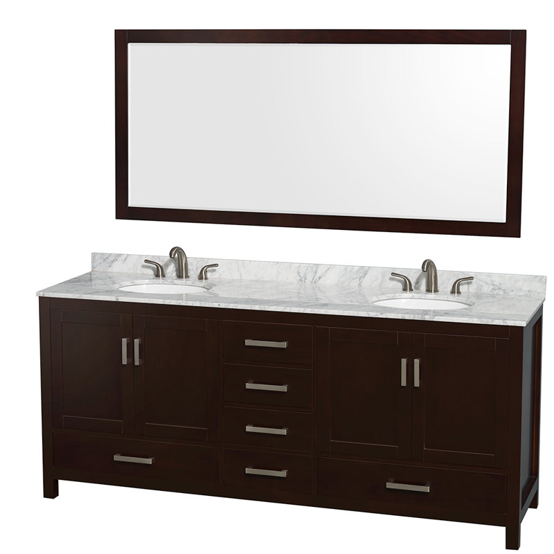 Sheffield 80" Freestanding Double Bathroom Vanity with Marble Top with 70" Mirror, White Carrara Marble